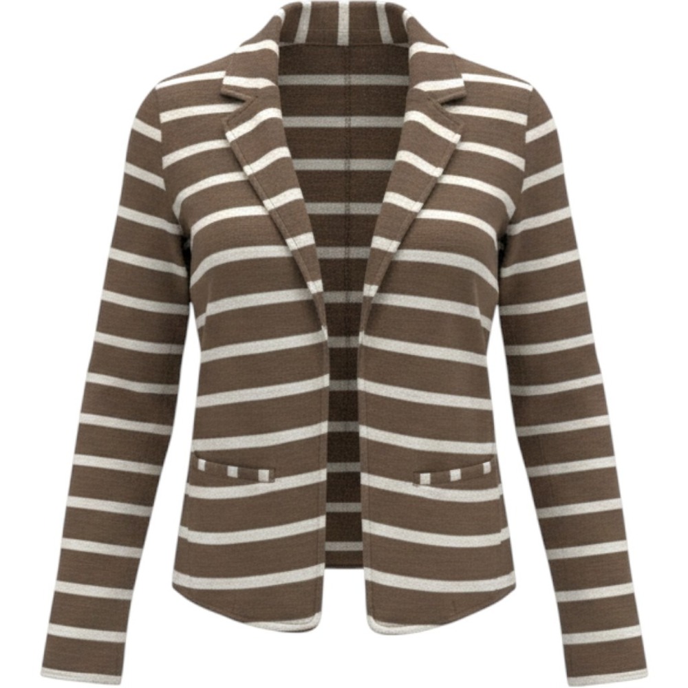 Caslon Womens XS Brown White Striped Knit Blazer Open Front Cotton Jacket Preppy